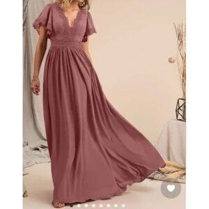 Azazie Tulum maxi dress boho crochet‎ bridesmaids gown dusty flutter sleeve